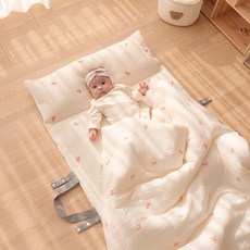 vivienda 幼兒用純粹冰絲兩用午睡被墊 + 輕薄四季被套組 (蝴蝶結米色), 蝴蝶結珊瑚色