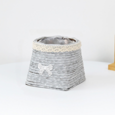 微笑緞帶藤編方形花盆套, 灰色, 1個