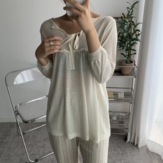 뜨개진 여성용 루즈핏 리본 시스루 9부 슬립 라운드 아데우 니트