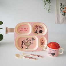 rice 孩童餐具禮品4件組, Jungle Animal Pink款, 餐盤+吸嘴杯+湯匙+叉子