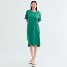 Elsso 麻花扭結寬鬆版圓領短袖開衩長版T恤連身裙 含大尺碼, 綠色