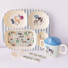 rice 動物印花兒童餐具組, 農場款(藍色), 盤子+壺嘴杯+湯匙+叉子, 1組