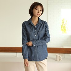 빼빼 여성용 카라넥 바스트 포켓 베이직 데님 셔츠 남방
