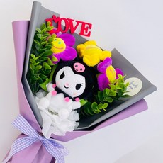 러블리팜 산리오 인형 + 스마일 꽃인형 3p + 케이크 토퍼 + 조화 꽃다발 세트, 쿠로미 + 랜덤 발송, 1세트