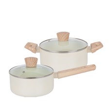 HOMEPOWE IH爐適用Brilla系列木質握把陶瓷鍋具組, 象牙白, 單柄鍋 18cm+雙耳鍋 20cm, 1組