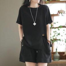 구디프 여성용 심플리 라운드넥 반팔 + 반바지 세트