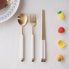 Bogen 孩童雙色金屬湯匙+筷子+叉子, 金色 白色, 湯匙+筷子+叉子, 1組