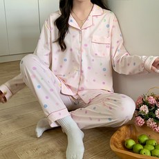 안나앤코 여성용 컬러도트 실크 긴팔 잠옷 상하의 세트
