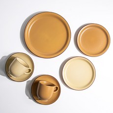 Kanesuzu Claris 圓形咖啡杯 + 雙人早午餐5件組, 棕色, 象牙白, 1套, 5種