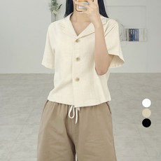 플랜데이 여성용 썸머 쓰리버튼 린넨스타일 크롭 반팔 자켓