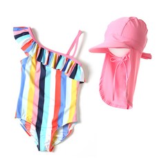 女童款彩虹連身裙+粉色帽子套裝