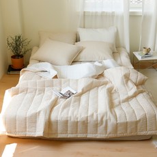泡泡紗夏季用格紋涼爽不黏身絎縫被, 米色