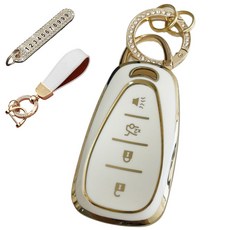 루루형제 쉐보레 호환 프리미엄 TPU 키케이스+번호키링+가죽스트랩 세트, 크림화이트, AC-03