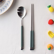 Bogen 孩童撞色湯匙筷子組, 銀色 橄欖綠, 湯匙+筷子, 1組