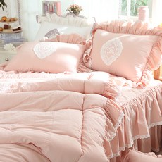 Ryugeumsuk 女人的臥室粗布水洗蕾絲荷葉邊薄被, 珊瑚粉