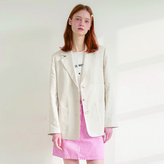 OLIVE DES OLIVE 女款亞麻人字紋LOGO單排扣西裝外套