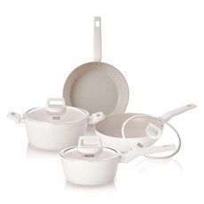 kitchenflower 電磁爐適用 Cookin IH Green Wood 平底鍋 + 鍋具 5件組, 1組, 象牙白, 18公分單柄鍋附蓋, 24公分雙耳湯鍋附蓋, 28公分平底鍋, 28公分炒鍋, 28公分玻璃鍋蓋