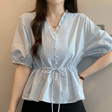 peilit 女款蕾絲珍珠鈕扣V領短袖上衣