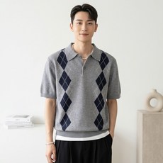 Dotif 男士菱格圖案翻領針織短袖T恤 D263-0829