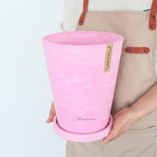 MORIANN 大理石紋彩色塑膠霧面花盆 + 底盤套組, 泡泡粉, 1組