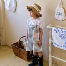 키키모라 여아용 통기성 레이스 체크 원피스