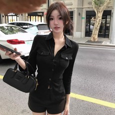 PEONIST 女款修身口袋翻領長袖襯衫