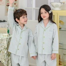 bonumam 兒童款快樂夢想格紋棉混紡長袖燙髮上衣褲子套裝