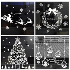 PARTYHAE 聖誕窗戶貼紙4件組, 花圈與場景 + 聖誕樹 + 裝飾品 + 魯道夫雪橇, 1套