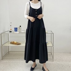 biggirlstory 女性大尺碼鈕扣肩帶背心式蛋糕裙可愛長洋裝, 黑色