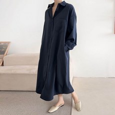 寶麗媽 絲滑感襯衫孕婦長版洋裝 R084