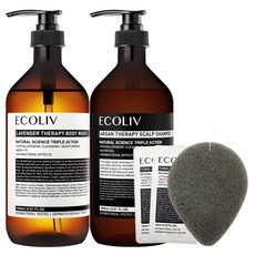 ecoliv 頭皮洗髮精 1000ml+薰衣草護理沐浴露 1000ml+臉部清潔海綿 竹炭灰+沐浴露隨身包 10ml 2入, 1套