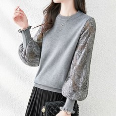Queenis 女款花朵蕾絲透視泡泡袖針織T恤