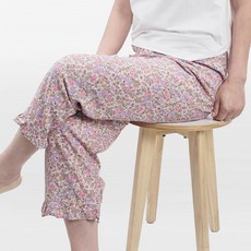 AONE FASHION 女款人造絲碎花荷葉邊八分睡褲