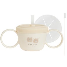 BABY&I 雙把手鉑金矽膠防溢吸管杯+矽膠零食蓋+吸管清潔刷組, 乳白色(小熊圖案), 200ml, 1組