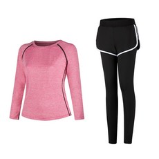 女款時尚瑜伽長袖T恤 粉色+短褲內搭褲組