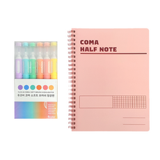 Tucobi Coma Soft Brush Highlighter 6 款 + Coma Half Note B5 套裝, 1套, 柔和的紫色、柔和的藍色、柔和的綠色、柔和的橙色、柔和的粉色、柔和的黃色（高光筆）、粉色（注）
