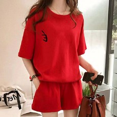 Goodif 女款E字母寬鬆短袖+短褲運動套裝