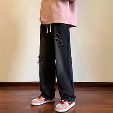 남성용 패션플로우 별 스티치 스트레이트핏 청바지