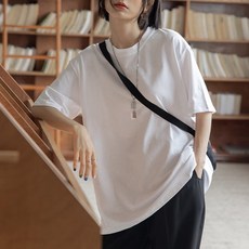 몬드스팟 여성용 무지 라운드넥 박시 롱 반팔 티셔츠 JN151