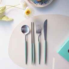 보겐 에펠 커트러리 양식 1인 세트, 실버 + 다크그린, 디너스푼 + 젓가락 + 디너포크 + 디너나이프, 1세트