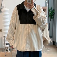 男士 PDS 時尚直條紋半拉鍊設計寬鬆版型假兩件襯衫