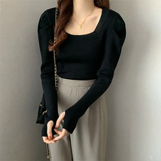 레몬소울 여성용 에크 골지 스퀘어 퍼프 니트티