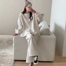 Bori Mom 刷毛圓領T恤上衣 + 寬褲大尺碼孕婦裝套裝 a978