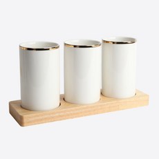 PUKO 金邊木質底座三格餐具筒, 白色, 1個