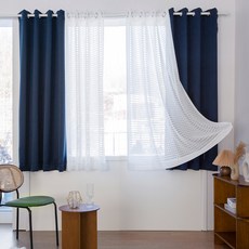 CARREDECO Dimanche 遮光窗簾 2p + Coco格紋蕾絲窗簾 2p + 窗簾綁帶 4p 套組, 海軍藍