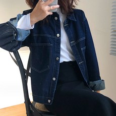 구디프 여성용 루즈 코튼 진청 데님 자켓