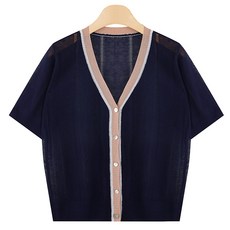 뜨개진 여성용 펀칭 스카시 배색 블루밍 반팔 가디건