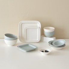 LENANSE Monde 雙人餐具11件組, 粉藍色 + 奶油白, 飯碗 2p + 湯碗 2p + 小菜碟 S 2p + 小菜碟 L 2p + 方形盤 S 2p + 方形盤 L