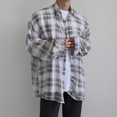 男款輕薄涼爽寬鬆雪紡格紋襯衫