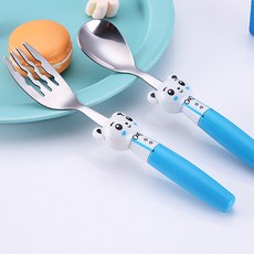 兒童領帶動物湯匙叉子組 熊貓 MP273, 湯匙 + 叉子 + 收納盒, 藍色